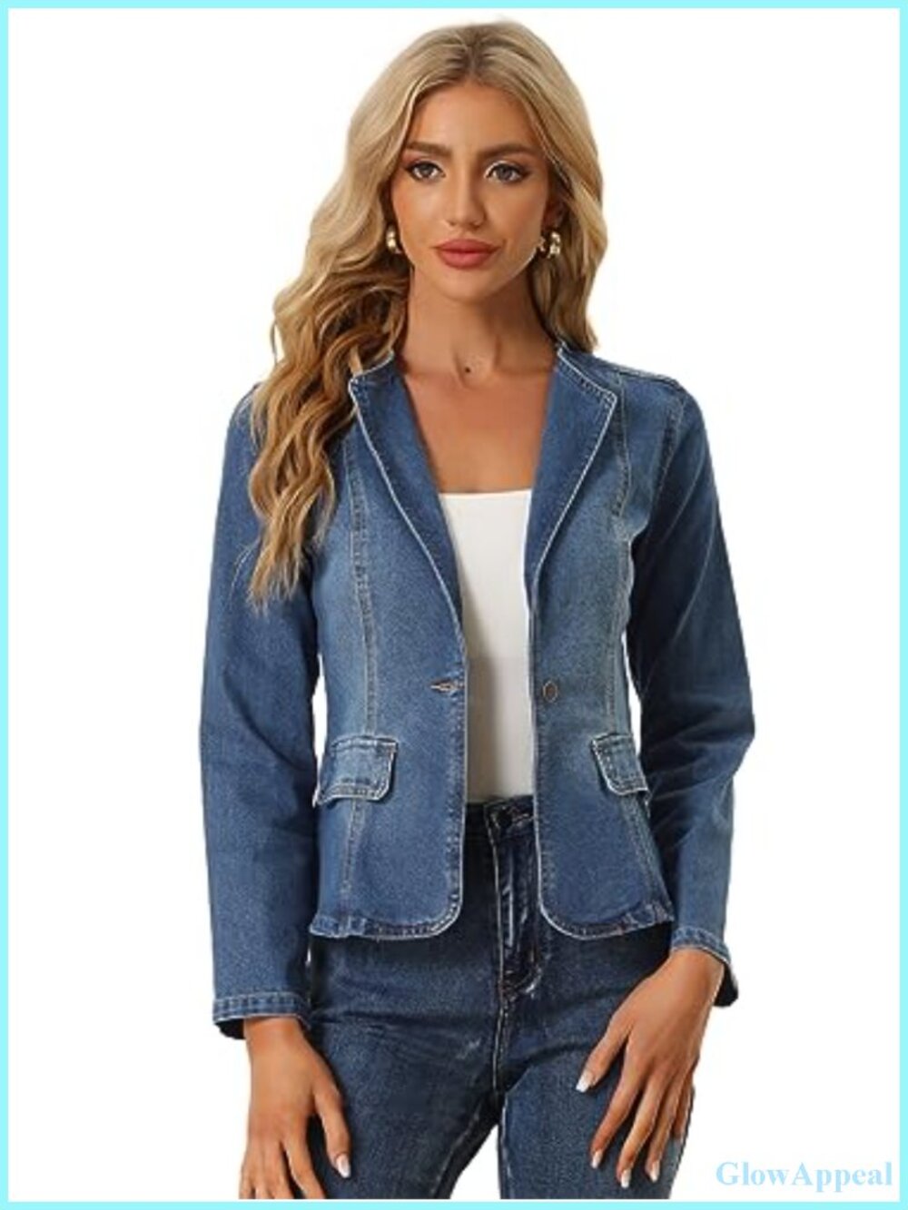 Collared Fitted Denim Blazer One Button Jean Jacket Long Sleeve